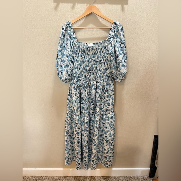Oddi Women’s Puff Sleeve Smocked Tiered Midi Dress in Blue & White Floral XL - Picture 4 of 8